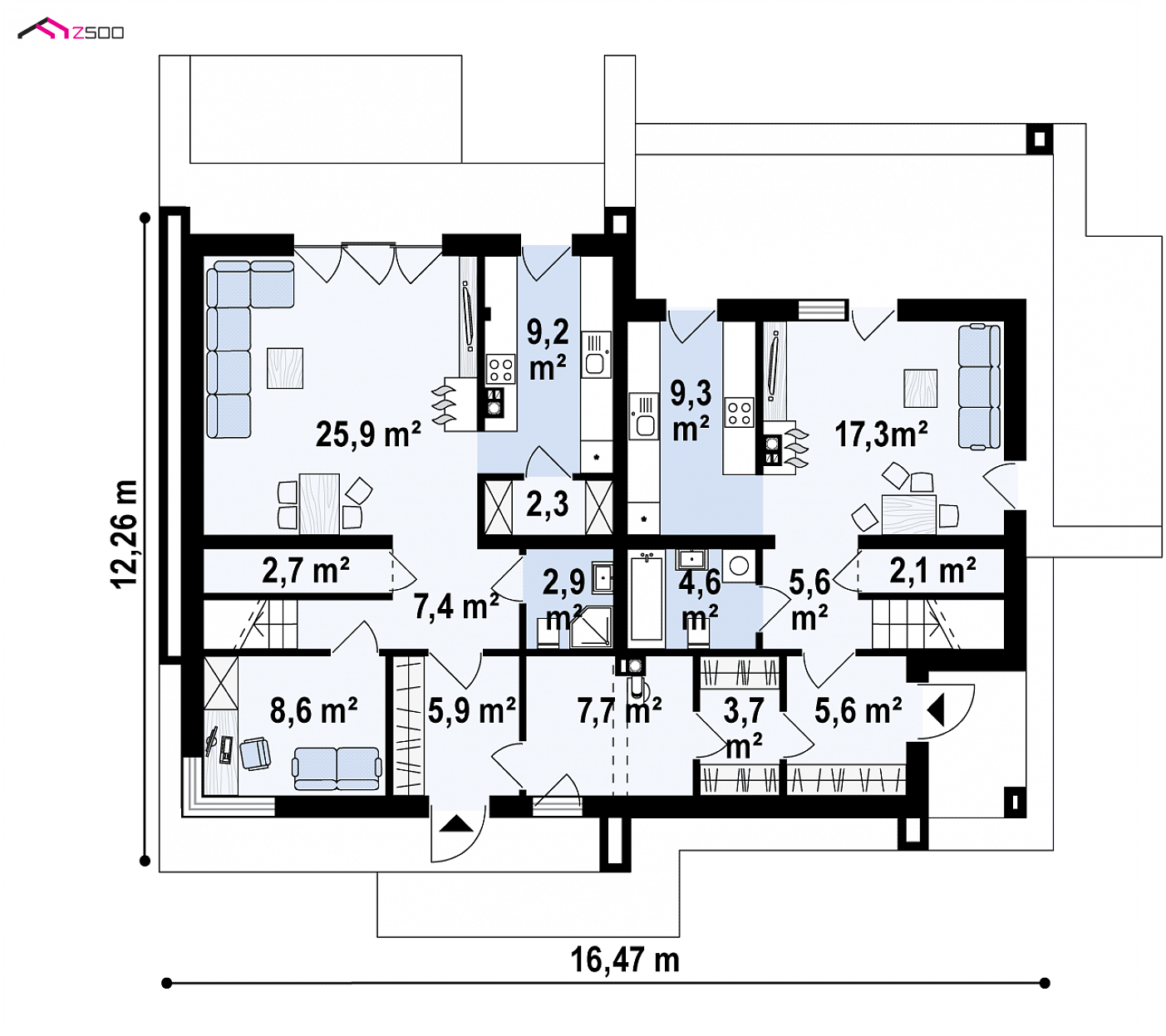 Home project - Dom dwulokalowy z poddaszem użytkowym, dachem dwuspadowym, zadaszonymi tarasami