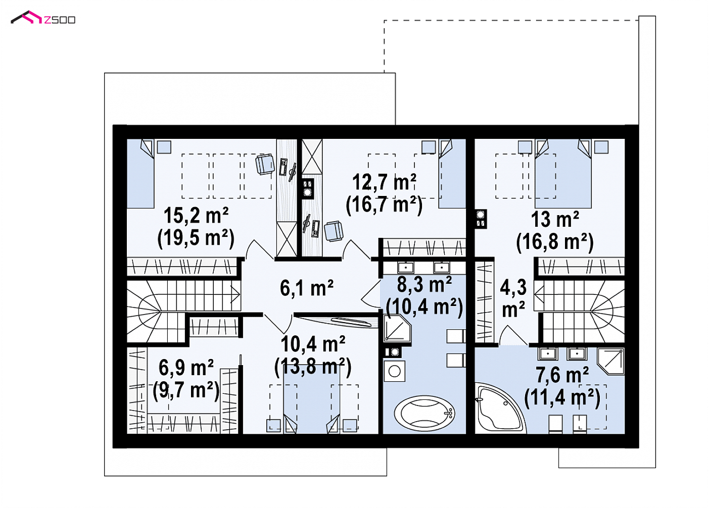 Home project - Dom dwulokalowy z poddaszem użytkowym, dachem dwuspadowym, zadaszonymi tarasami