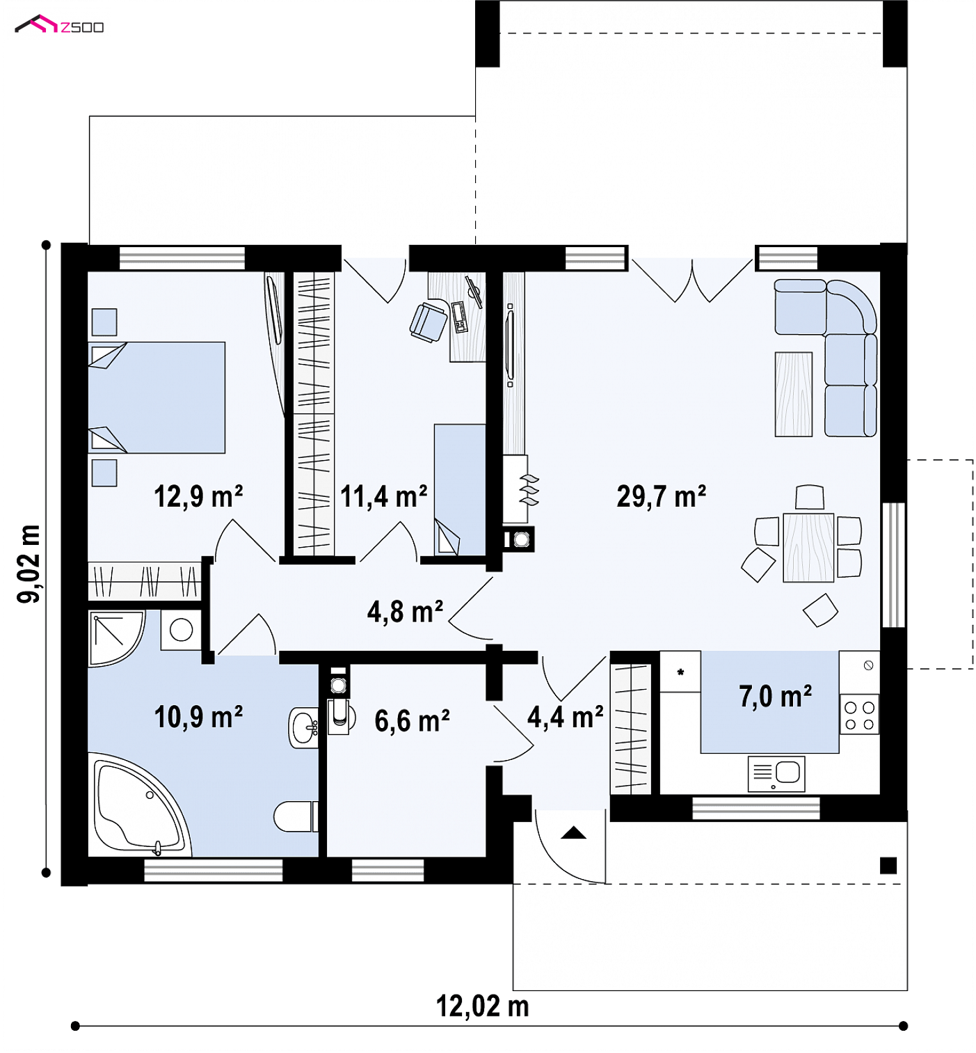 Home project - Mały, tani w wykonaniu, parterowy dom, z dwiema wygodnymi sypialniami.