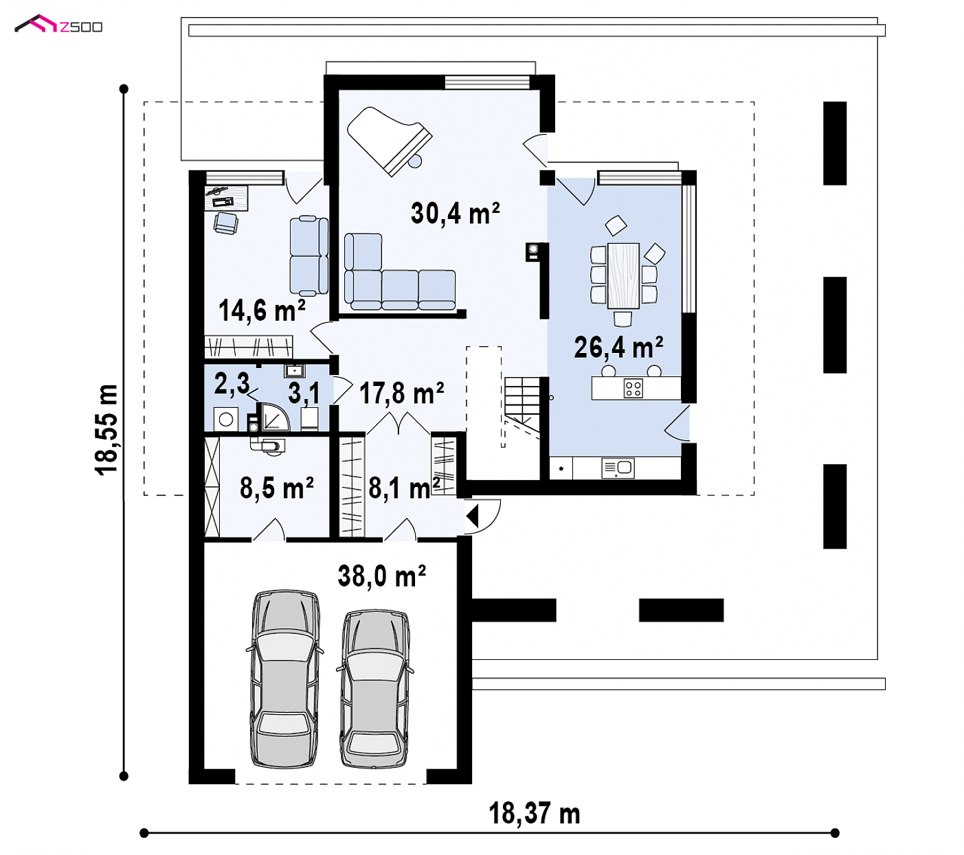 Home project - Nowoczesny dom piętrowy z antresolą, dużymi przeszkleniami oraz garażem.