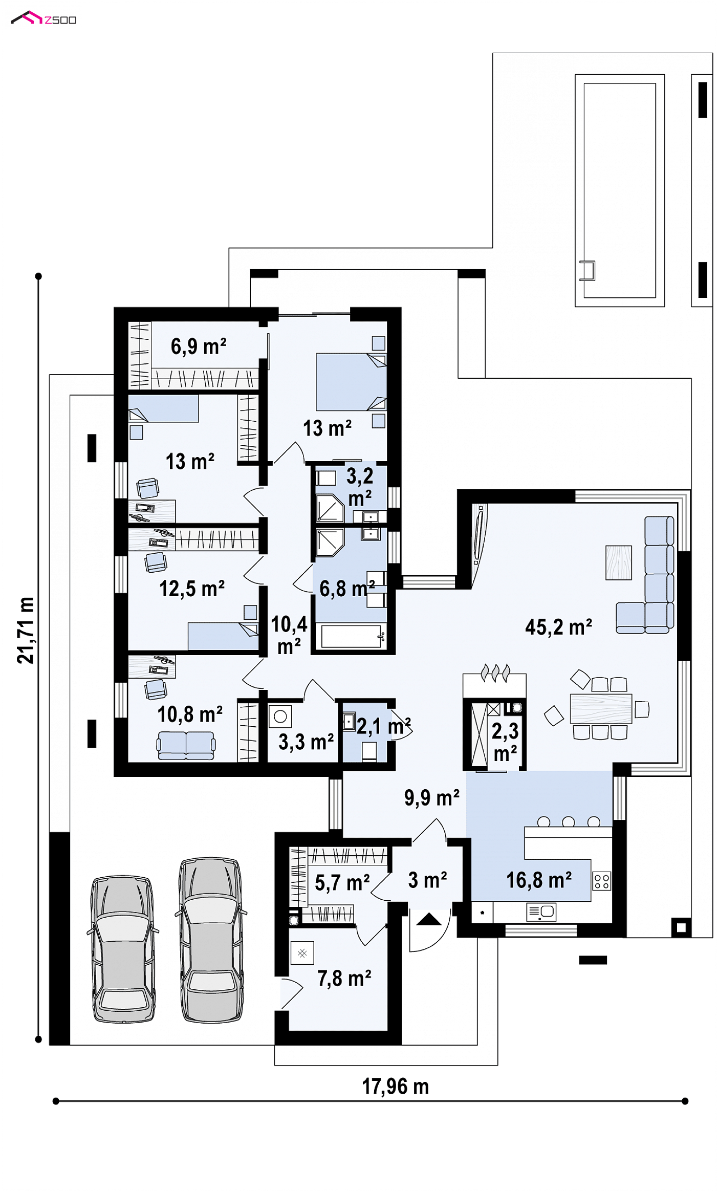Home project - Parterowy dom nowoczesny z 4 sypialniami oraz wiatą na dwa samochody