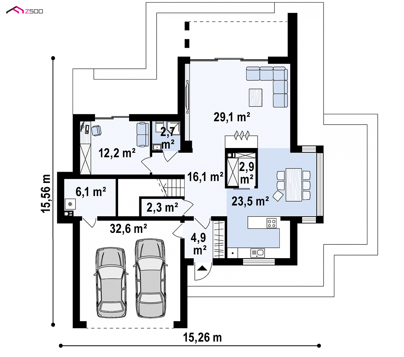 Home project - Wariant Zr17 bez kondygnacji podziemnej. Prosta bryła z dużymi przeszkleniami.