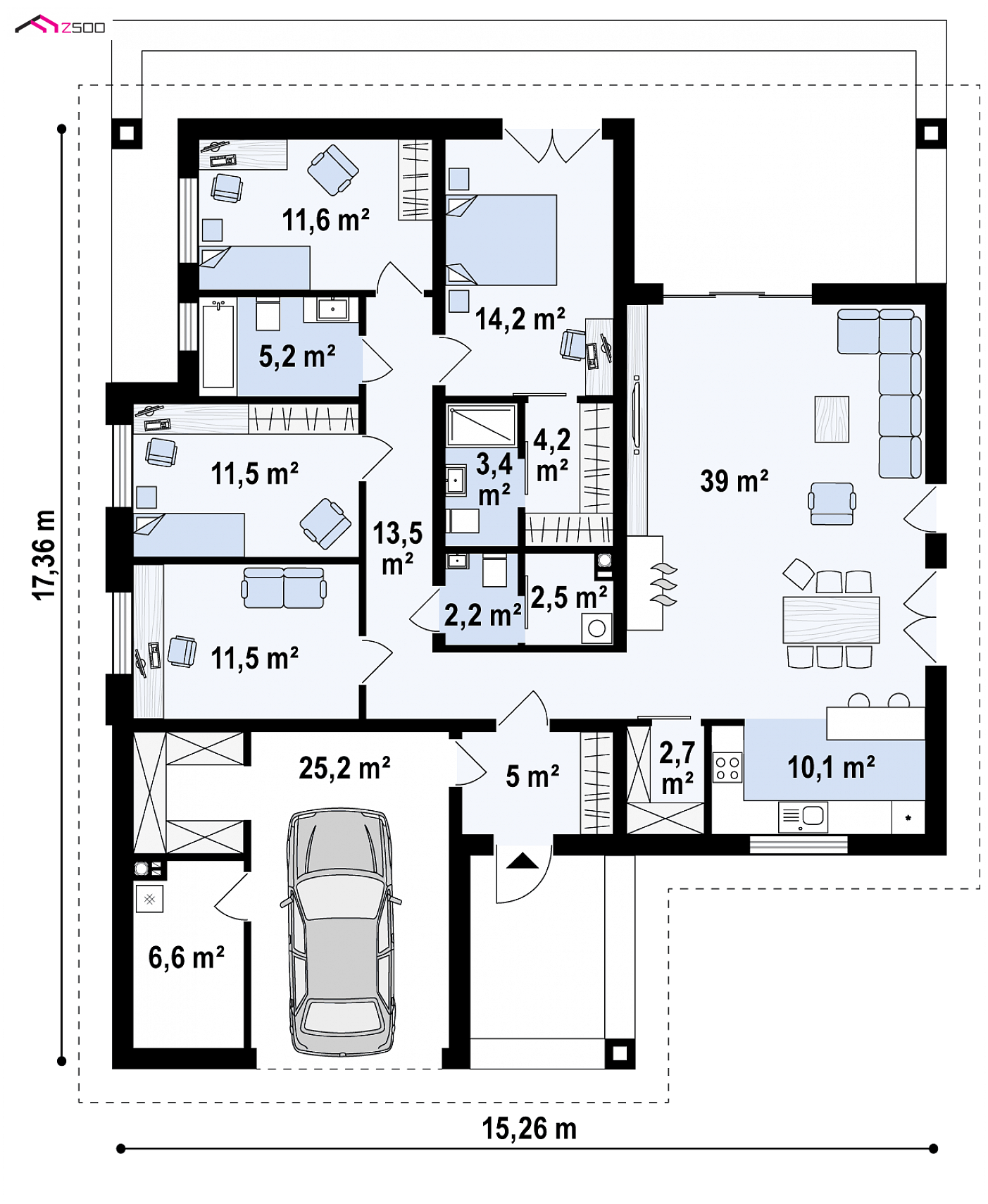 Home project - Dom parterowy z dachem wielospadowym, 4 sypialniami oraz garażem do 140m2