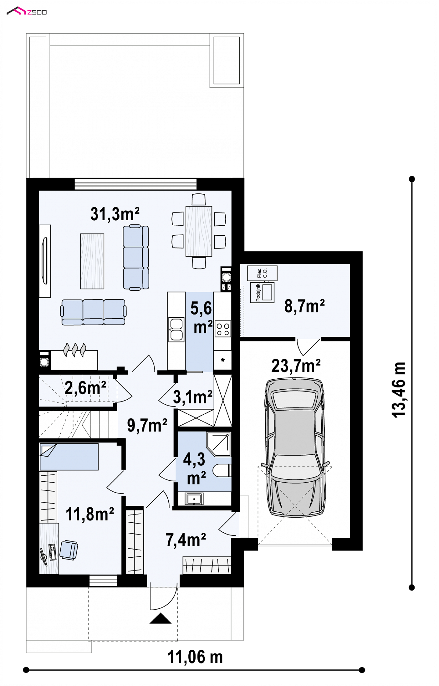 Home project - Projekt domu w zabudowie bliźniaczej z dachem dwuspadowym i bocznym garażem