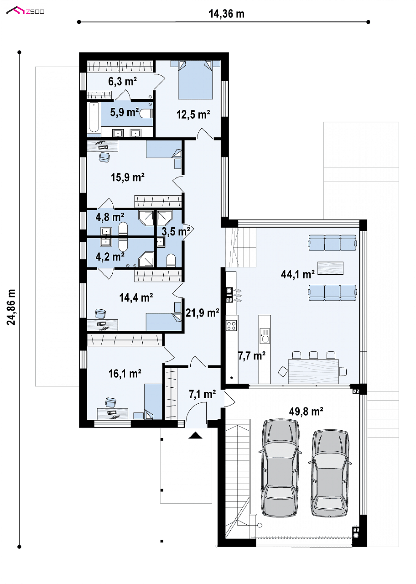 Home project - A modern one-story house with a glass garage visible from the living room