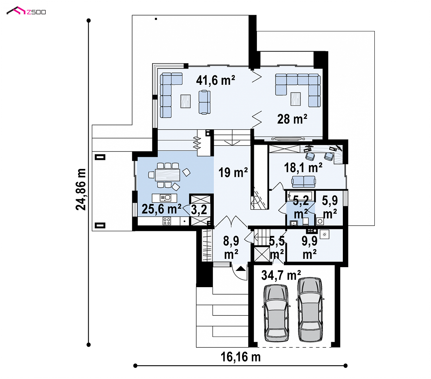 Home project - Nowoczesna piętrowa rezydencja z dużymi przeszkleniami i zadaszonymi tarasami.