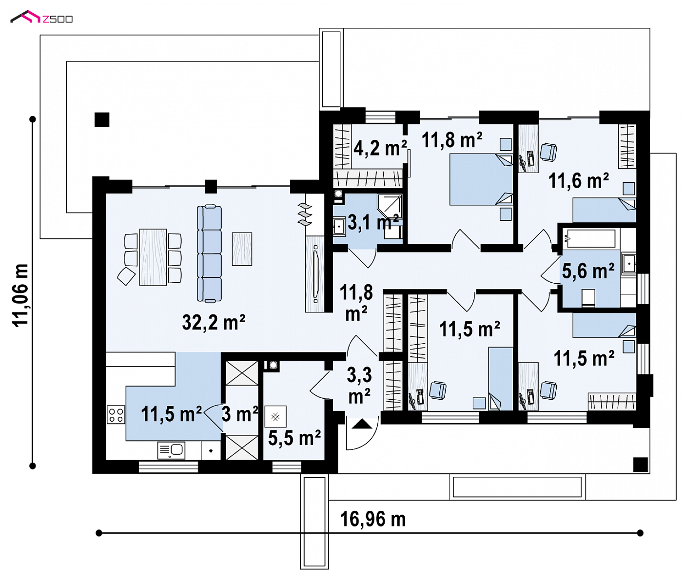 Home project - Dom parterowy z dachem 2-spadowym, 4 sypialniami oraz przestronną strefą dzienną
