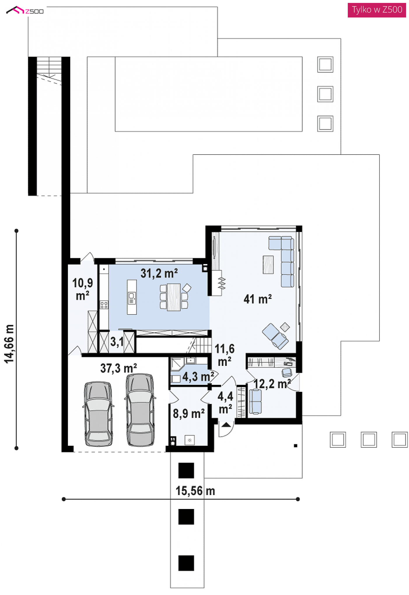 Home project - A modern two-storey house with a green roof and large windows facing the garden