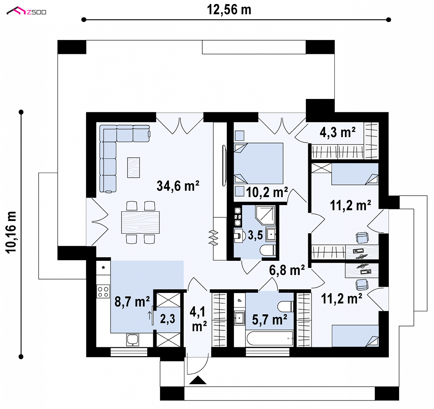 Home project - Parterowy dom z dachem 2spadowym oraz 3 sypialniami na 100m2.