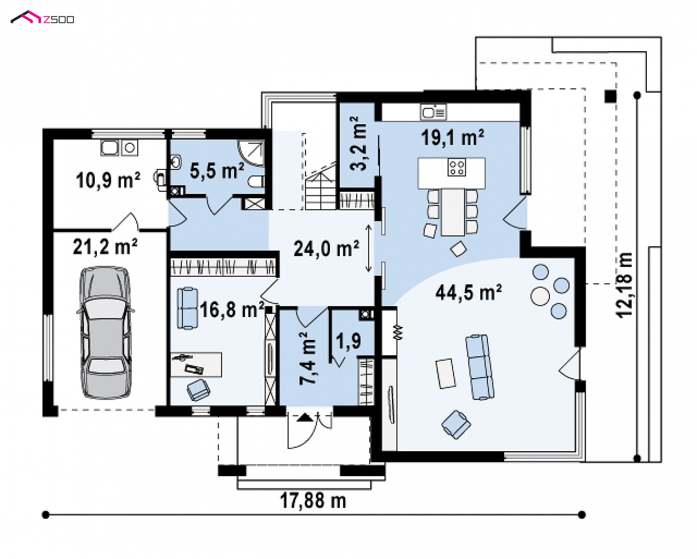 Home project - Nowoczesna rezydencja z garażem, tarasami na piętrze oraz z narożnymi przeszkleniami.