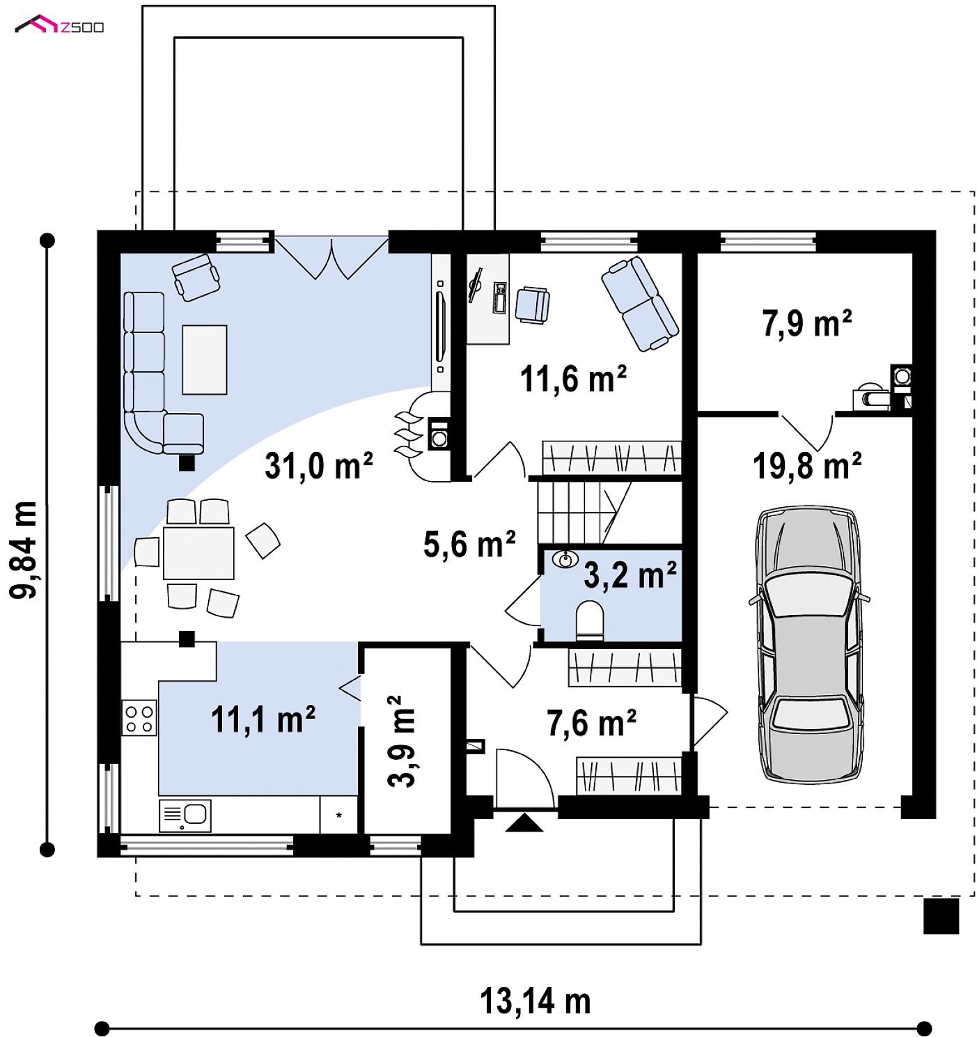 Home project - Współczesna willa z pełnym piętrem, dużym salonem i kuchnią oraz garażem w bryle