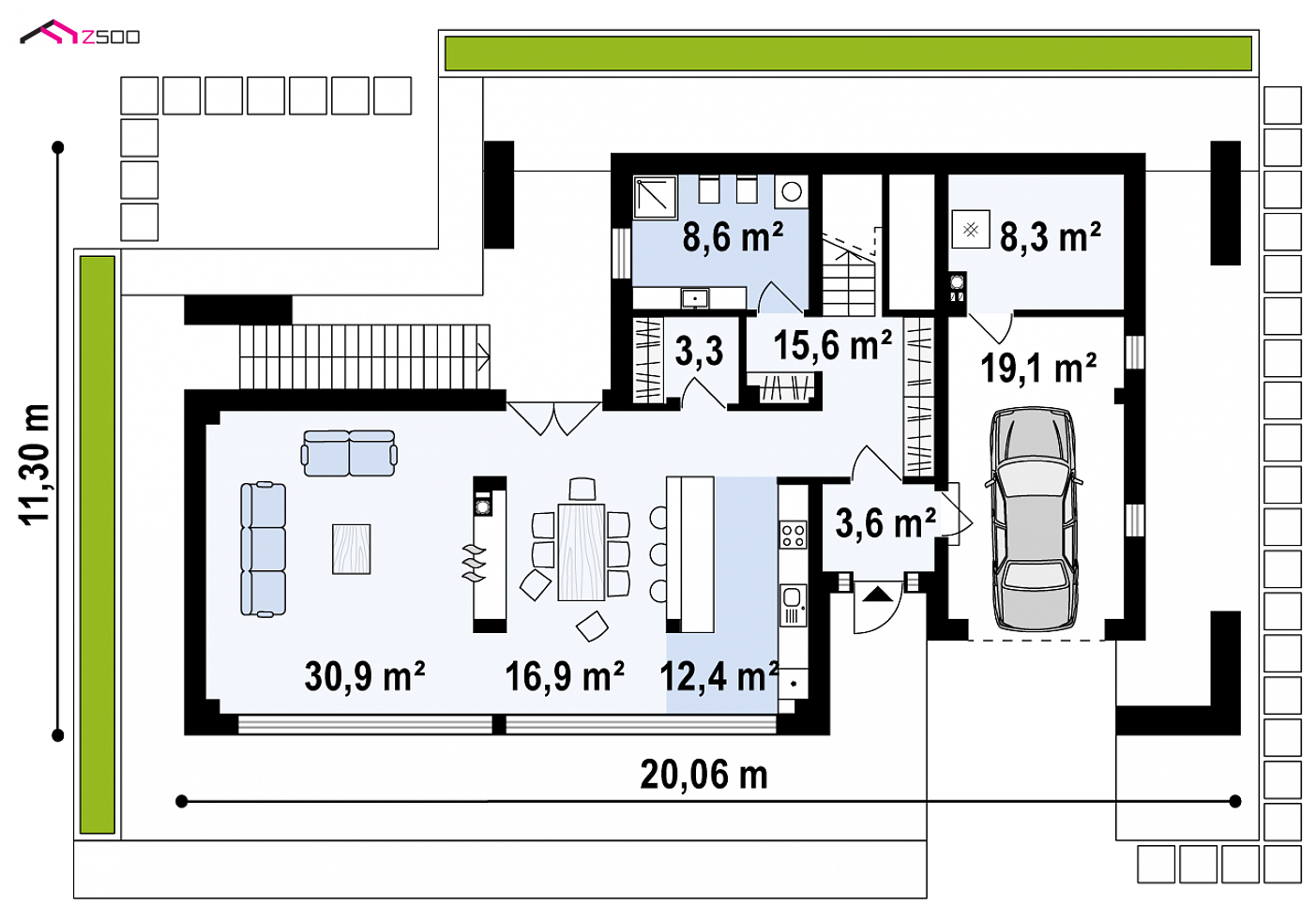 Home project - Nowoczesny dom jednorodzinny z salonem od frontu i tarasem na piętrze.