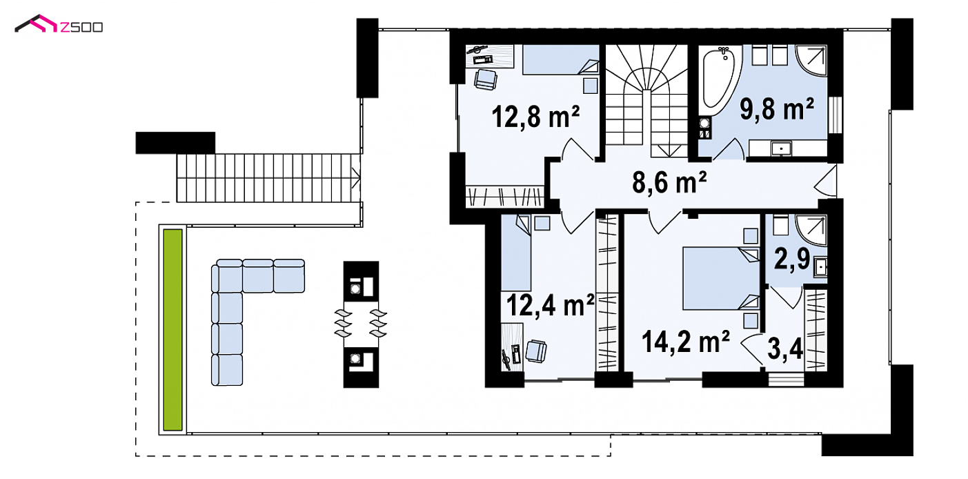 Home project - Nowoczesny dom jednorodzinny z salonem od frontu i tarasem na piętrze.