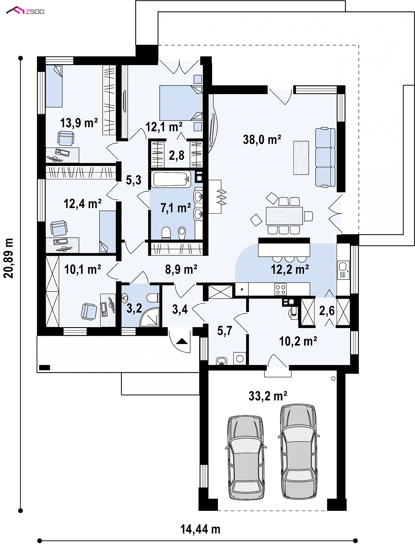 Home project - Nowoczesny dom z płaskim dachem,czterema sypialniami i garażem dwustanowiskowym.