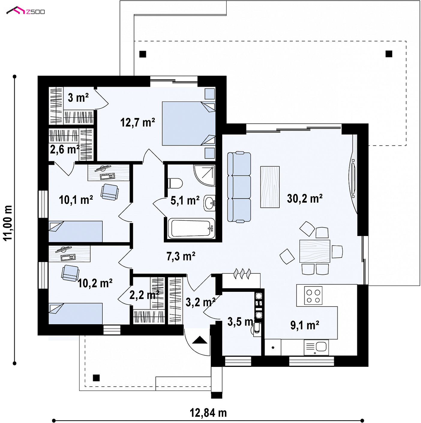 Home project - Kompaktowy dom w nowoczesnym stylu z trzema pokojami oraz własnymi garderobami.