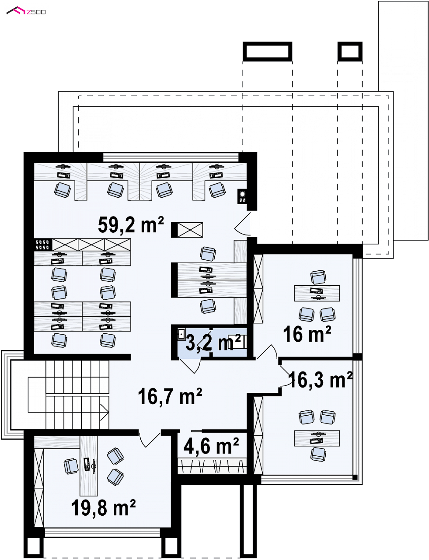 Home project - 2-kondygnacyjny lokal usługowy z dużymi przeszkleniami oraz tarasem na pietrze.