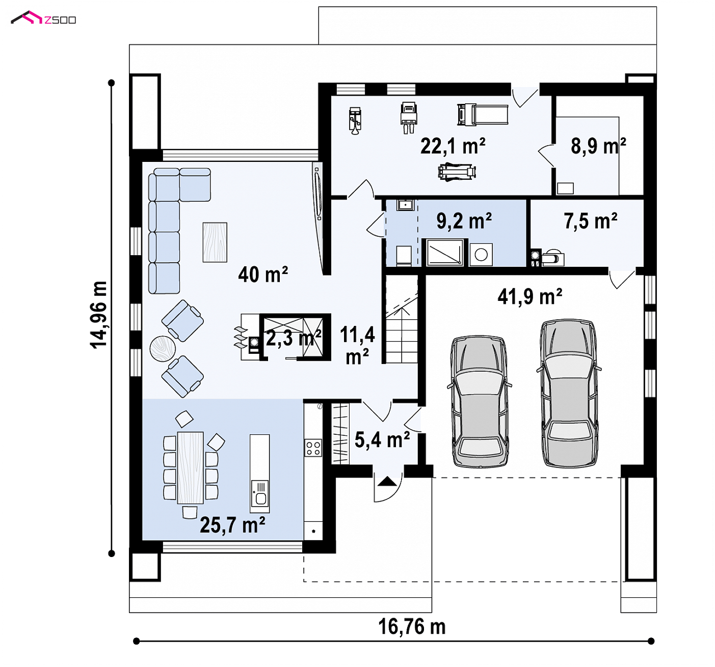 Home project - Powiększony wariant projektu Zx123 z podwójnym garażem, spiżarnią oraz sauną.