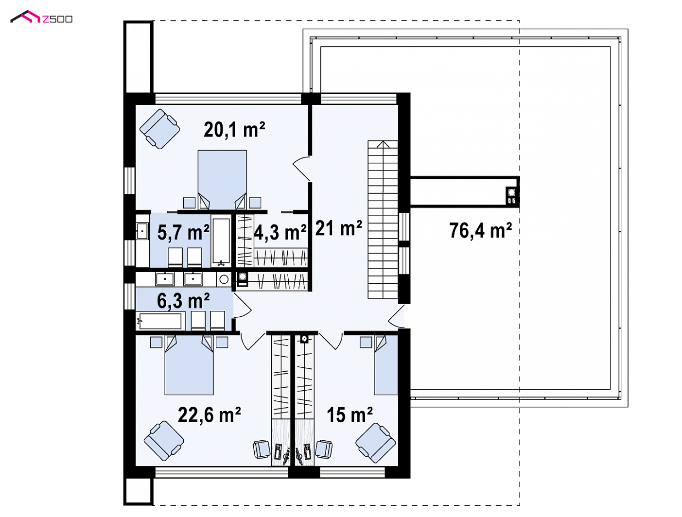 Home project - Powiększony wariant projektu Zx123 z podwójnym garażem, spiżarnią oraz sauną.