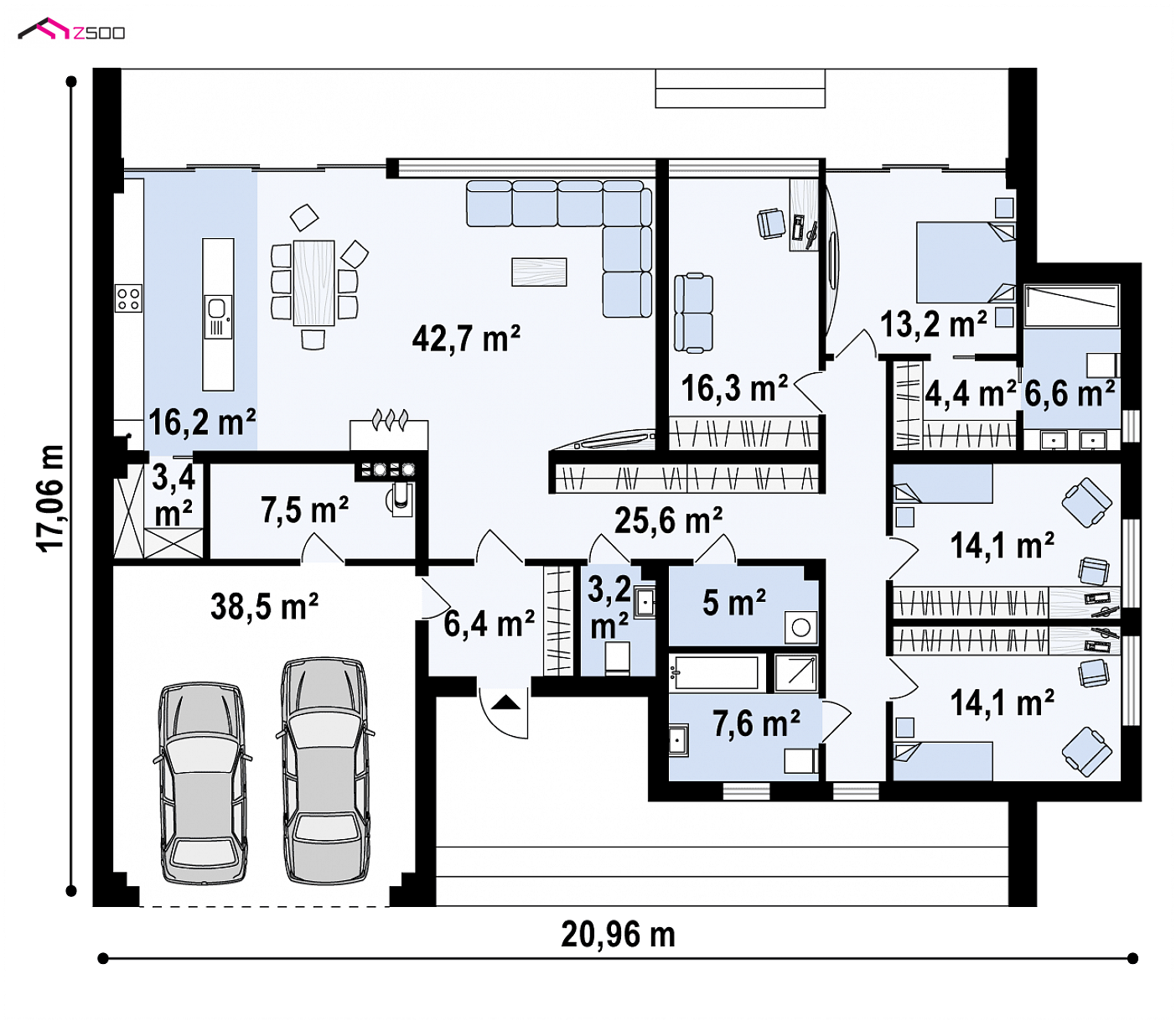 Home project - Nowoczesna parterówka z 4 sypialniami, garażem 2-stanowiskowym i dużymi oknami.