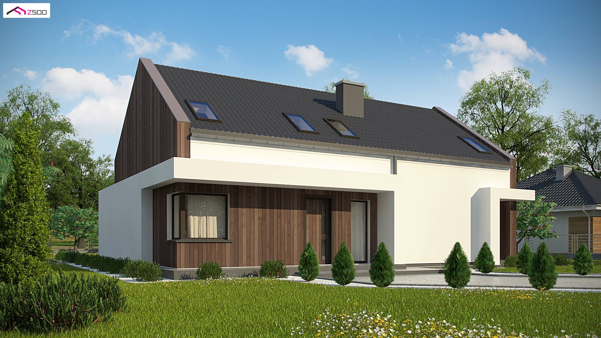 Home project - Dom dwulokalowy z poddaszem użytkowym, dachem dwuspadowym, zadaszonymi tarasami