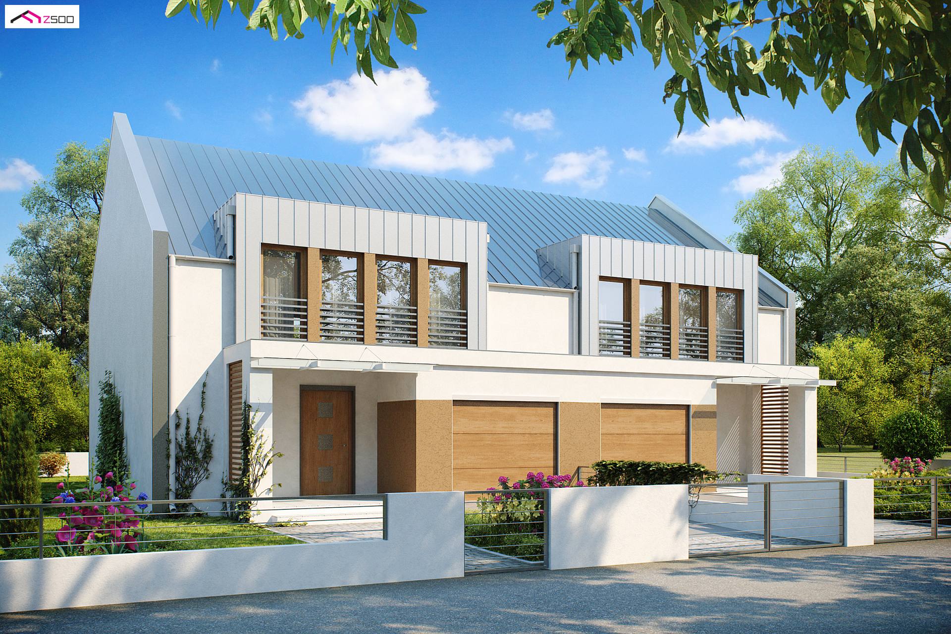 Home project - Współczesna zabudowa bliźniacza o prostej bryle z garażem i przeszkleniami.