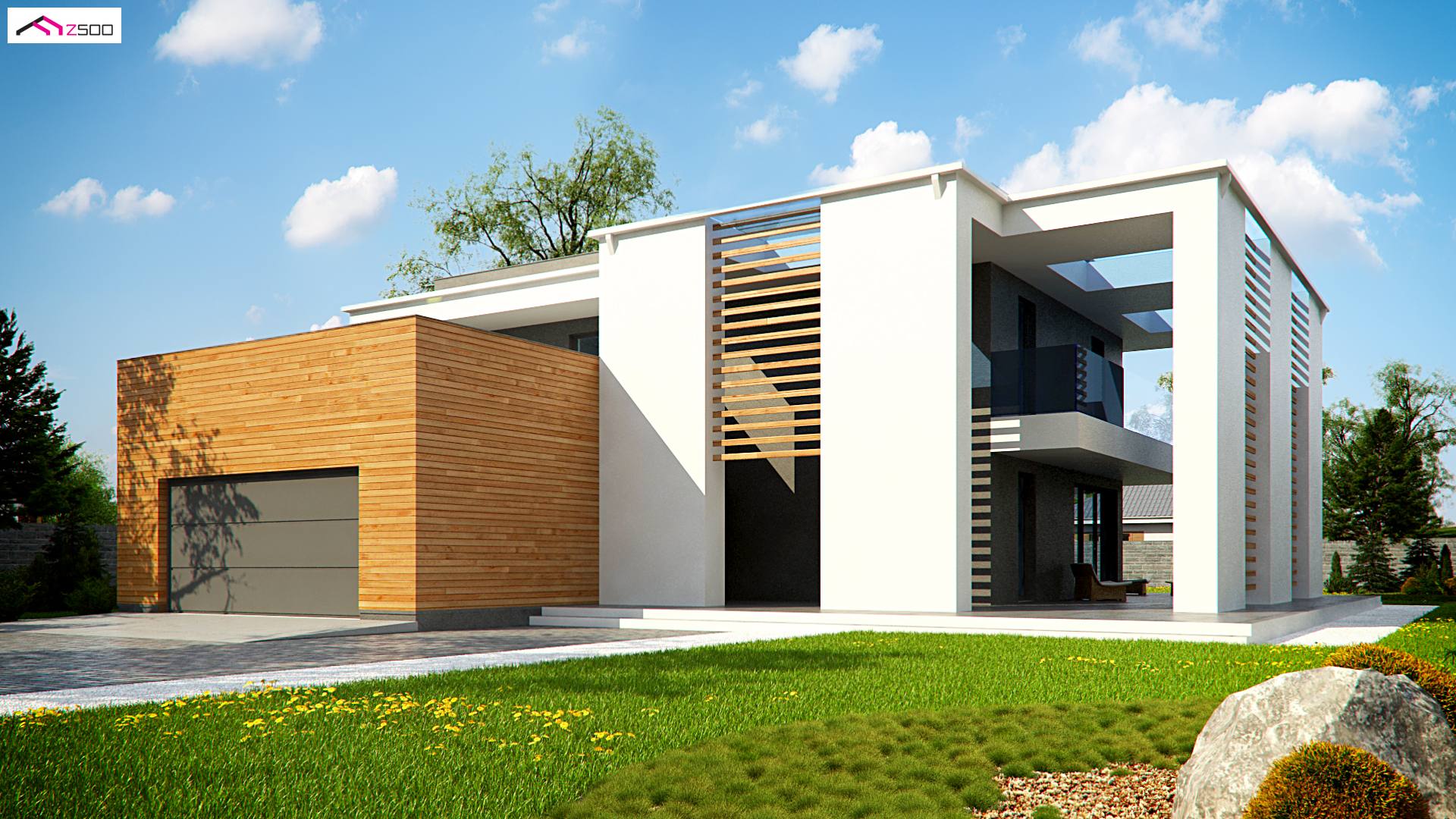 Home project - Nowoczesny dom piętrowy z antresolą, dużymi przeszkleniami oraz garażem.