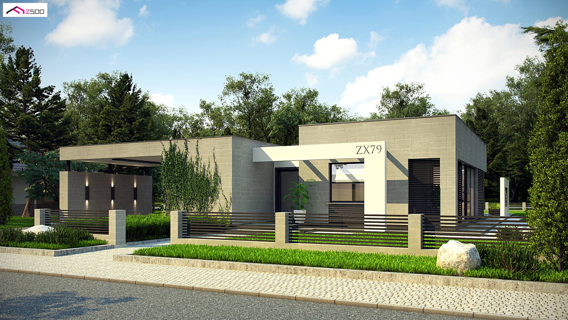 Home project - Parterowy dom nowoczesny z 4 sypialniami oraz wiatą na dwa samochody