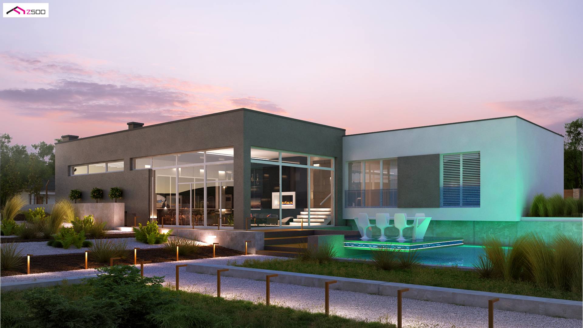 Home project - A modern one-story house with a glass garage visible from the living room