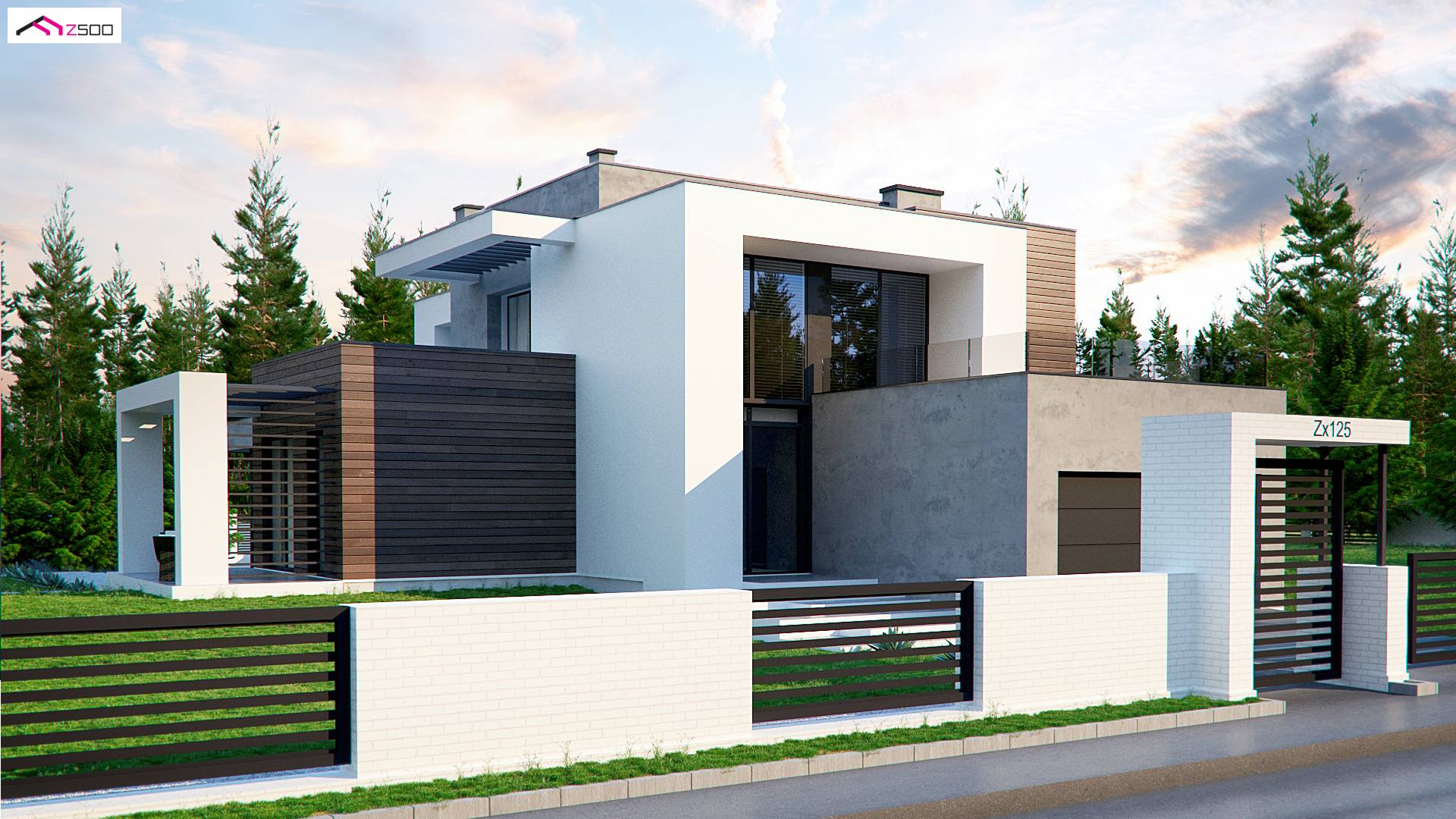 Home project - Nowoczesna piętrowa rezydencja z dużymi przeszkleniami i zadaszonymi tarasami.