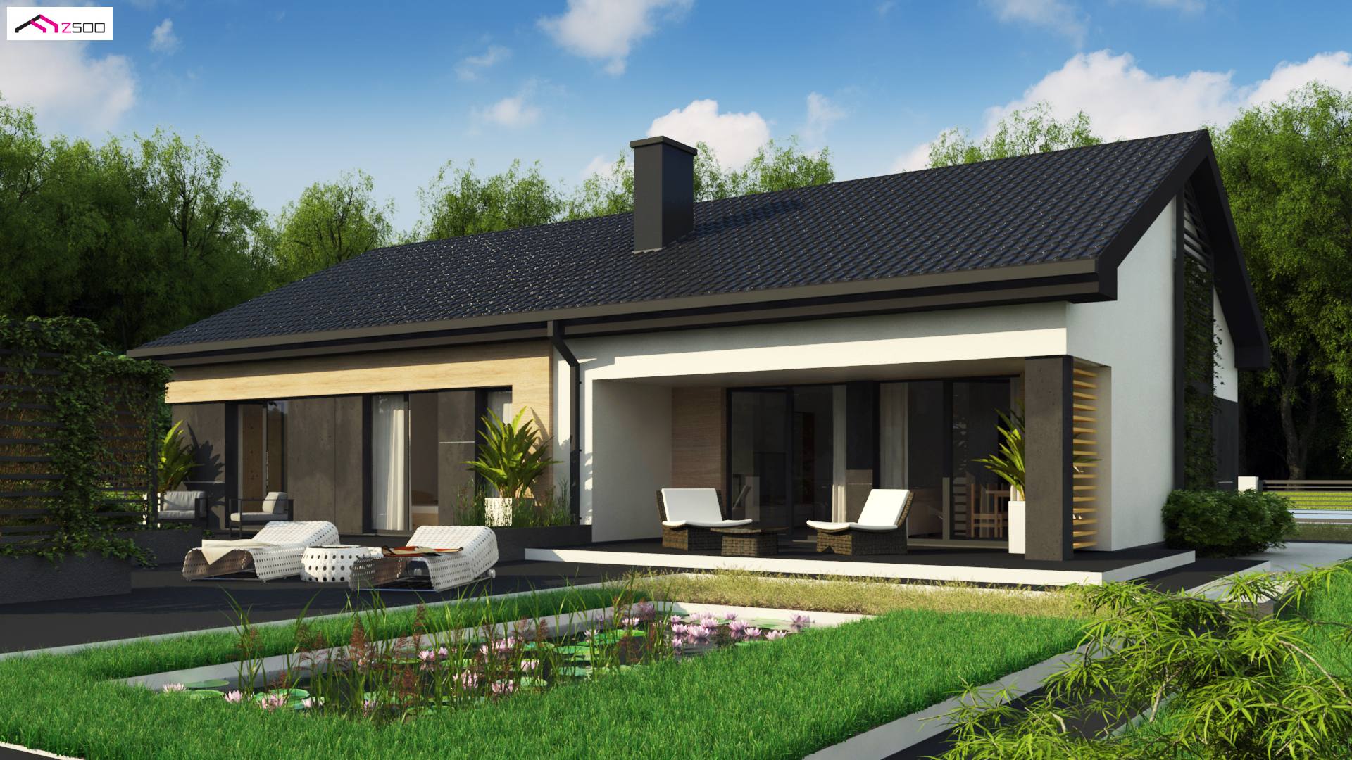 Home project - Dom parterowy z dachem 2-spadowym, 4 sypialniami oraz przestronną strefą dzienną