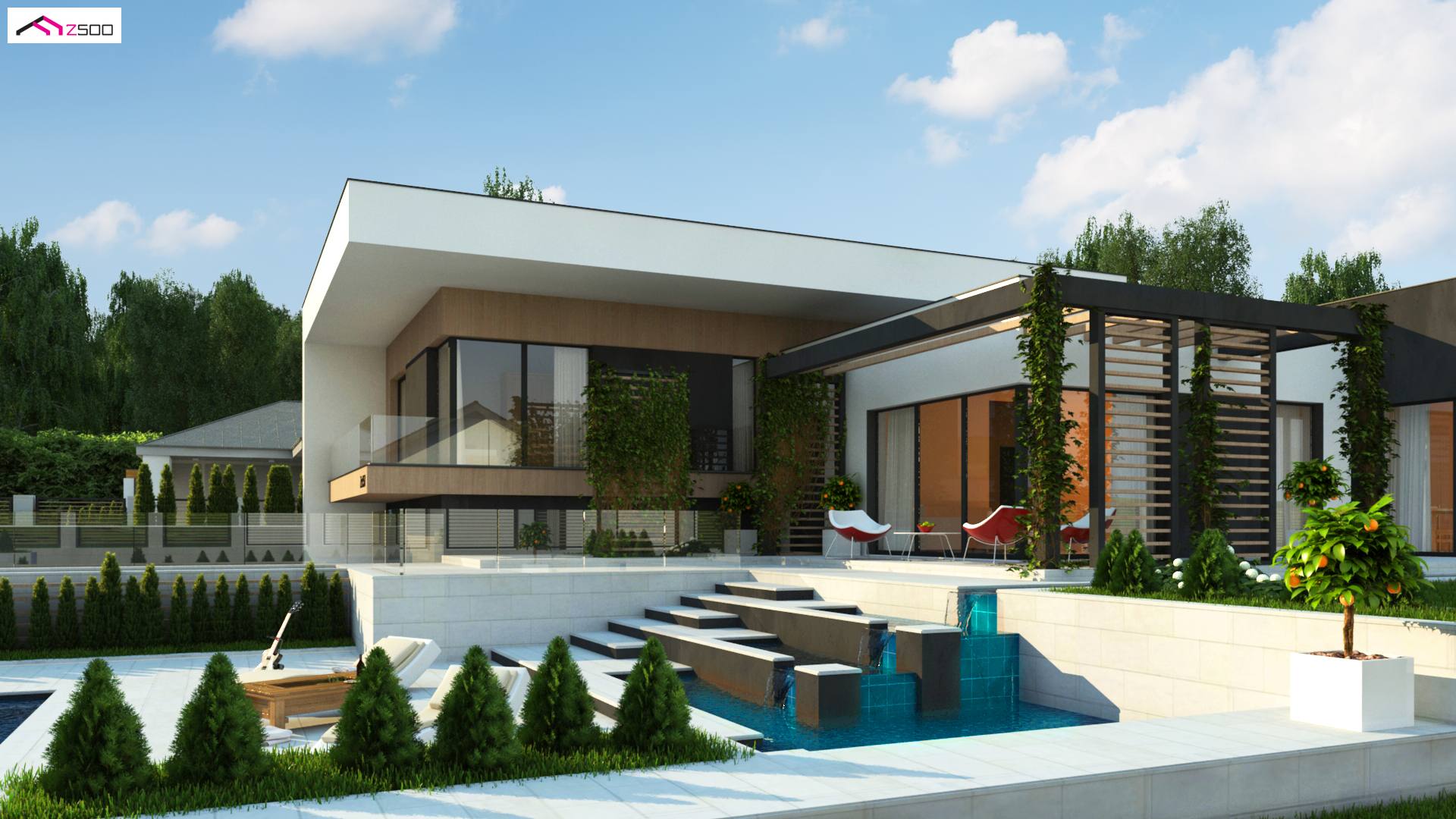 Home project - Nowoczesny dom z półpiętrem, dużymi przeszkleniami i salonem od frontu.