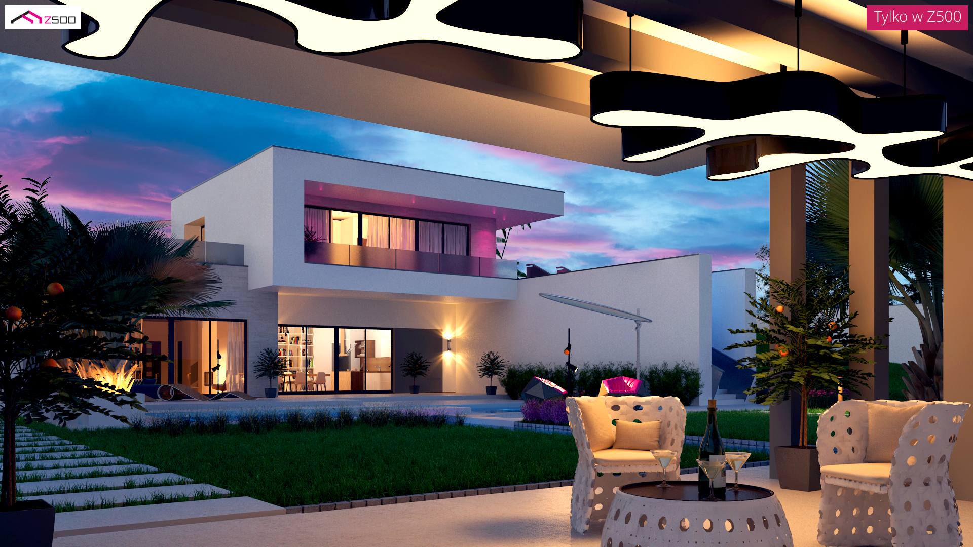 Home project - A modern two-storey house with a green roof and large windows facing the garden