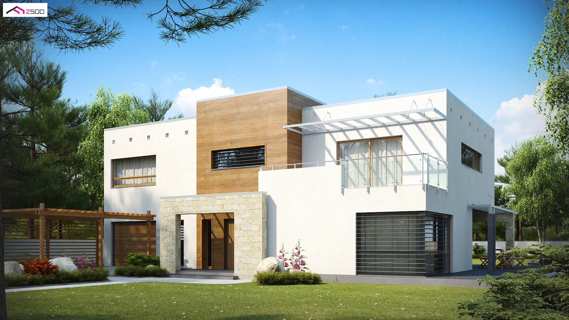 Home project - Nowoczesna rezydencja z garażem, tarasami na piętrze oraz z narożnymi przeszkleniami.