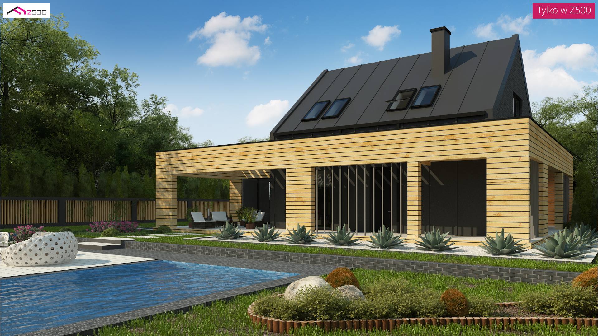Home project - Współczesny dom z dachem 2-spadowym otoczony tarasem z płaskim zadaszeniem.