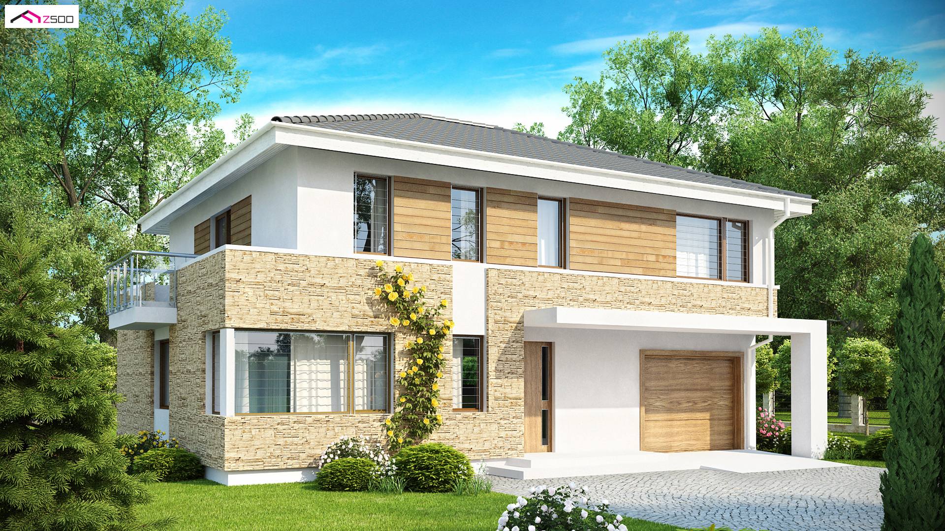 Home project - Współczesna willa z pełnym piętrem, dużym salonem i kuchnią oraz garażem w bryle