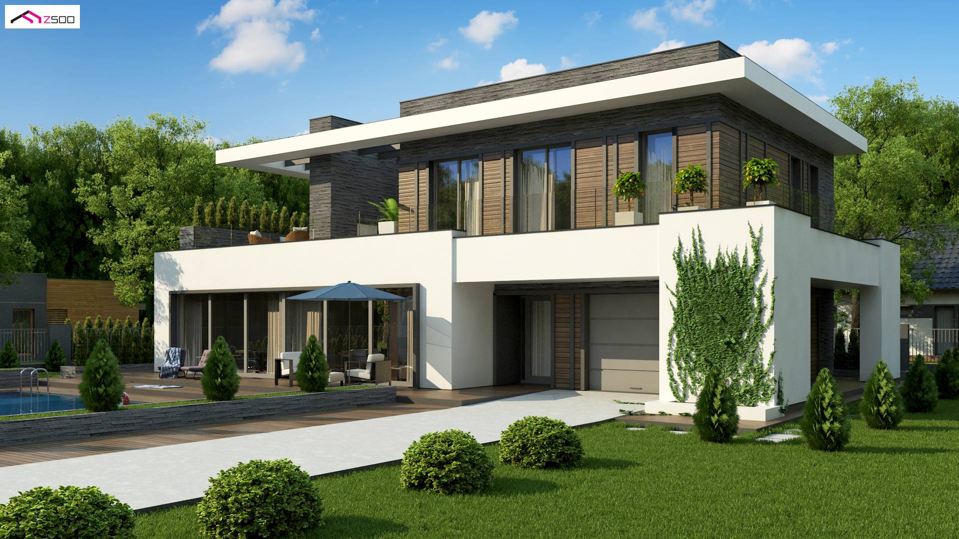 Home project - Nowoczesny dom jednorodzinny z salonem od frontu i tarasem na piętrze.