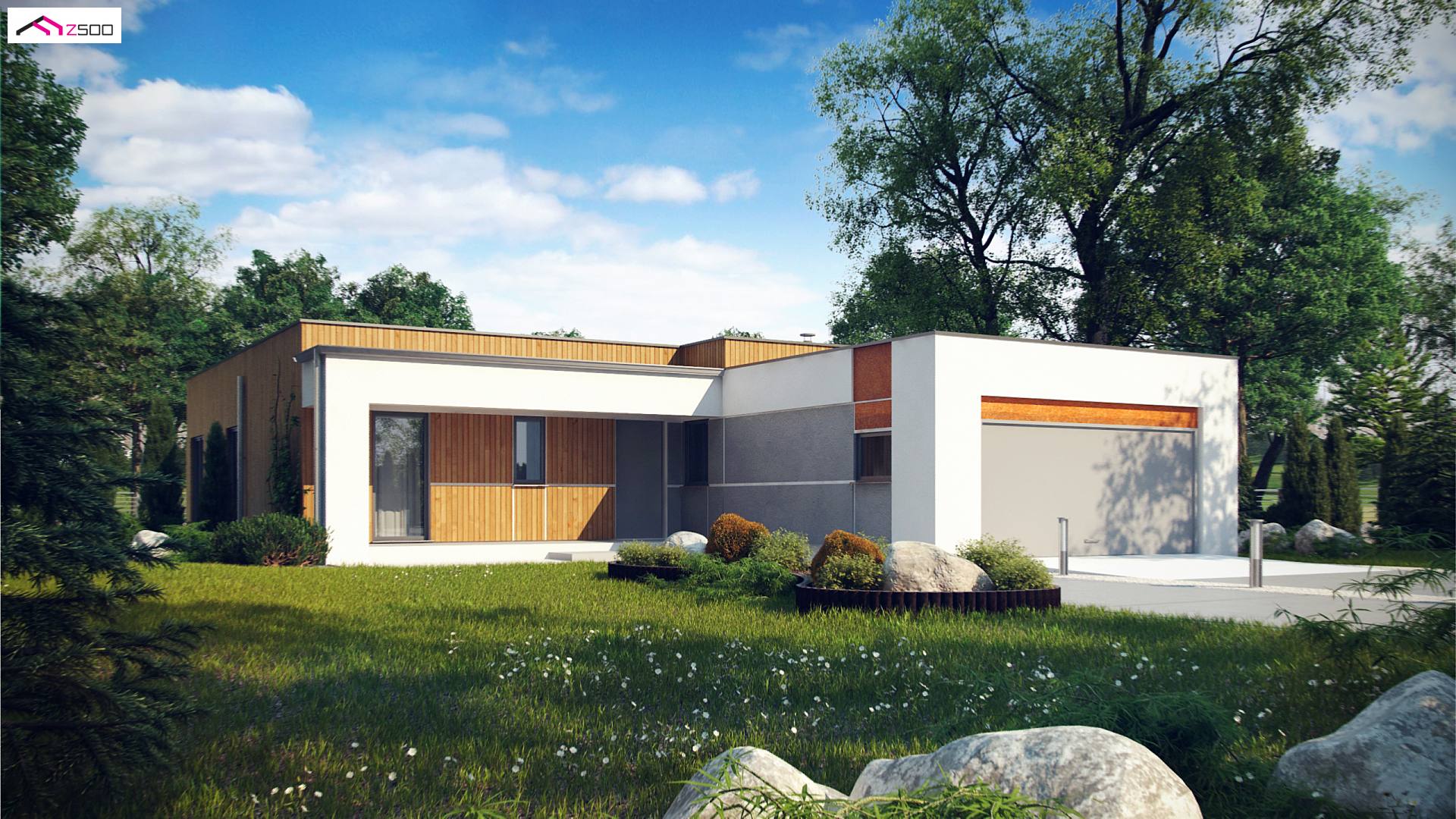 Home project - Nowoczesny dom z płaskim dachem,czterema sypialniami i garażem dwustanowiskowym.
