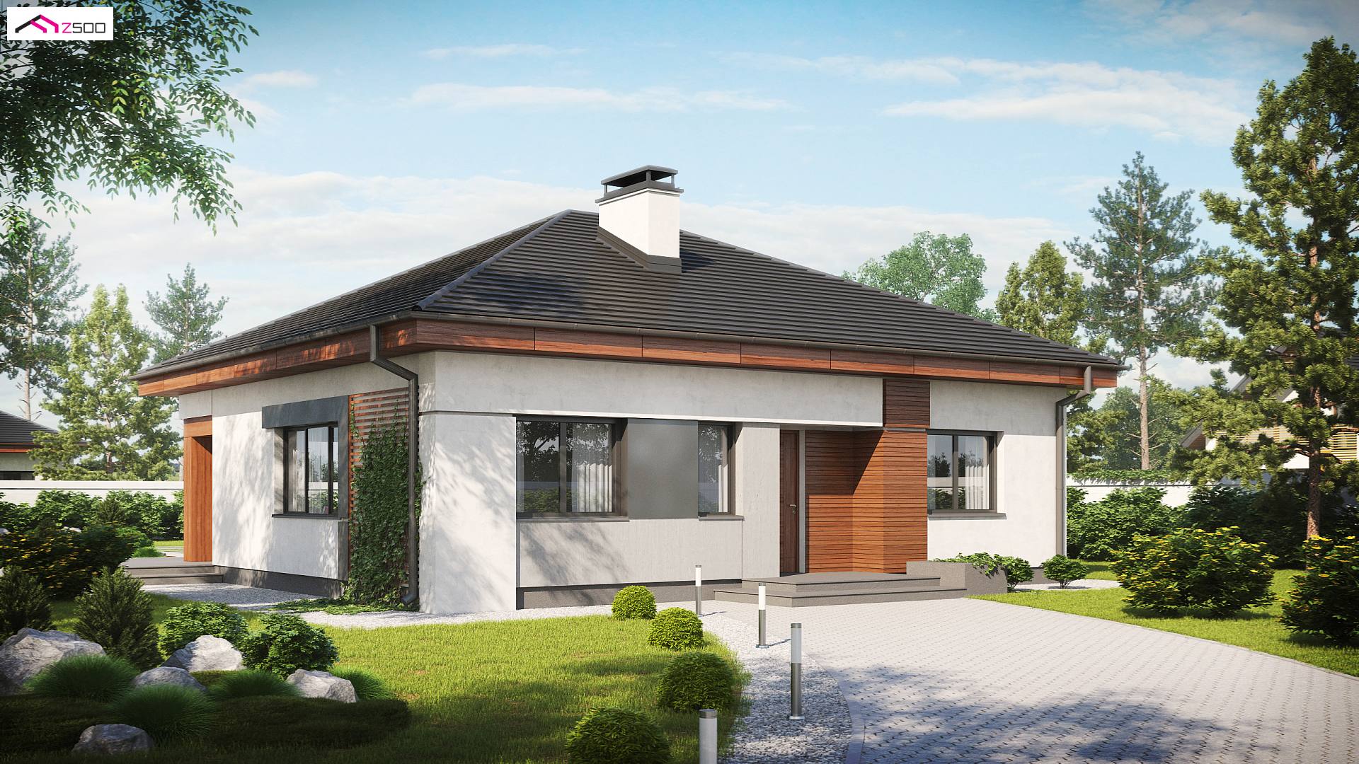 Home project - Kompaktowy dom parterowy z trzema sypialniami przykryty dachem kopertowym.
