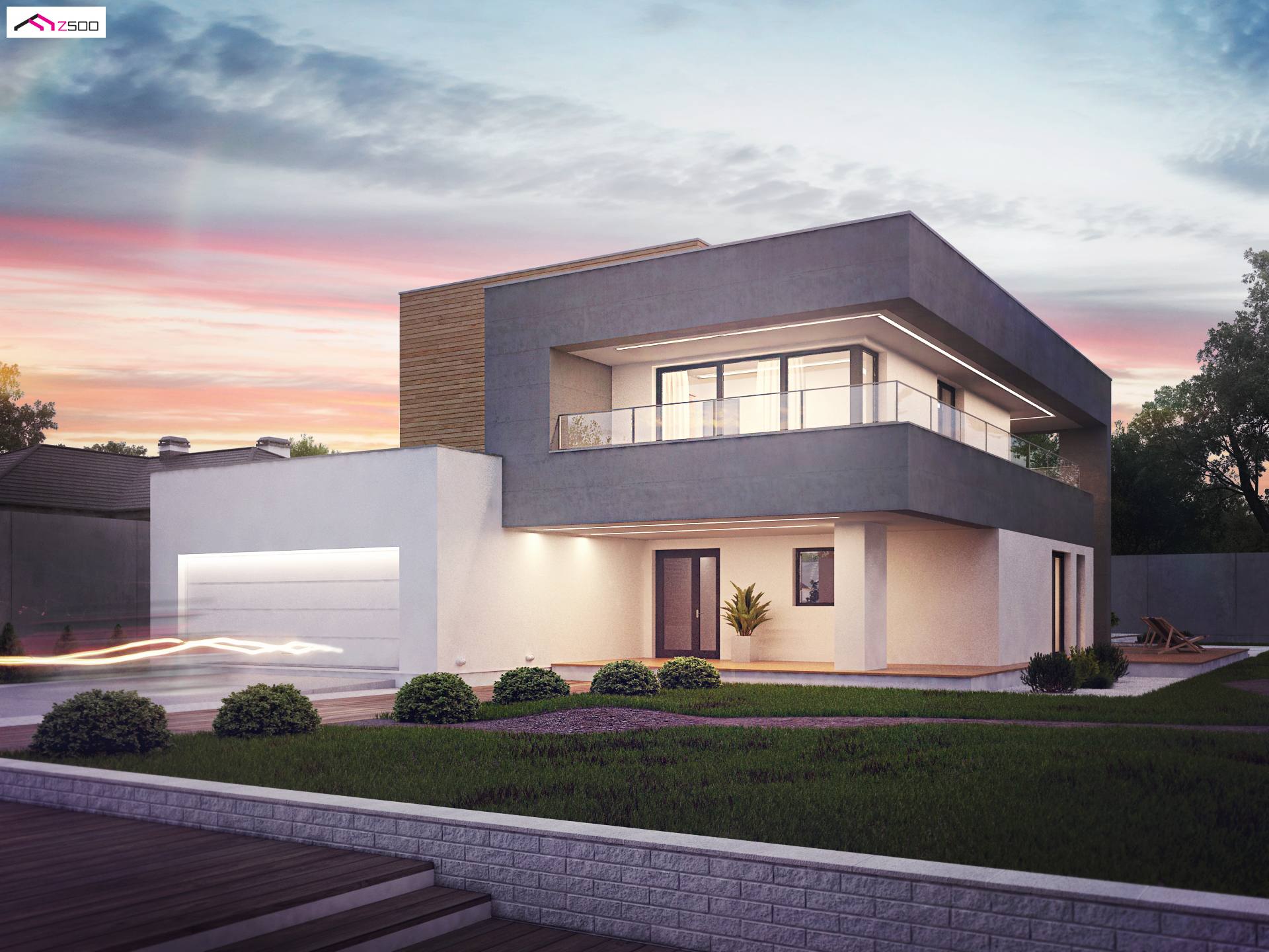 Home project - Nowoczesny, dwukondygnacyjny dom z dużymi przeszkleniami, tarasami oraz garażem.
