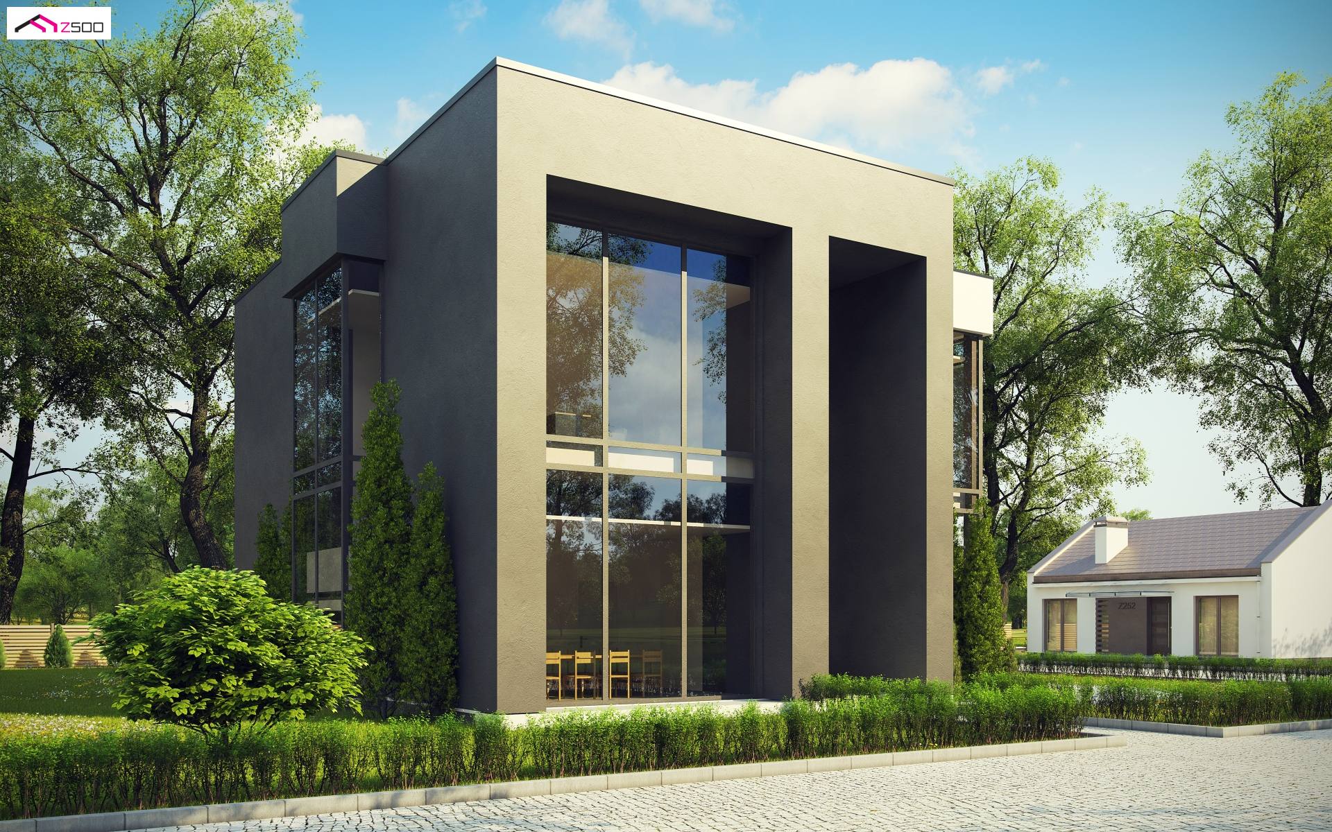 Home project - 2-kondygnacyjny lokal usługowy z dużymi przeszkleniami oraz tarasem na pietrze.
