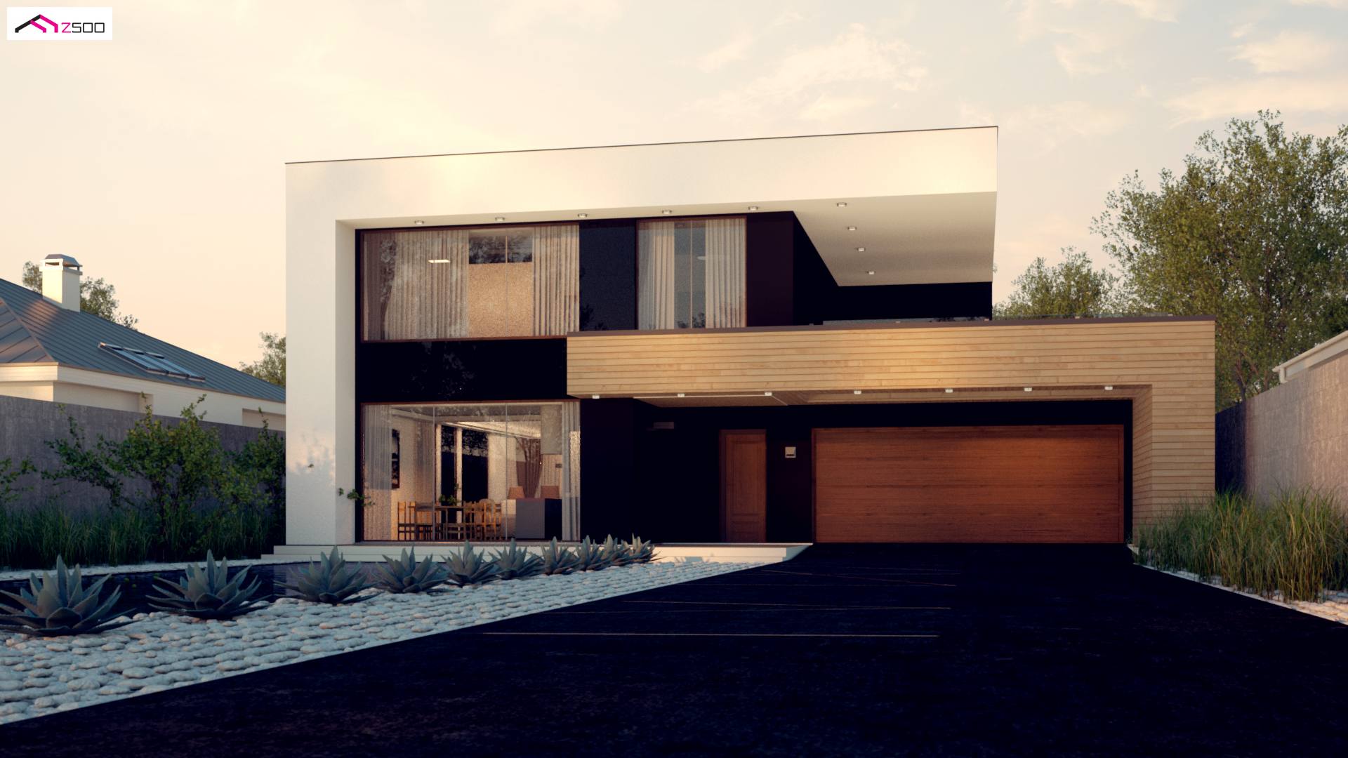 Home project - Powiększony wariant projektu Zx123 z podwójnym garażem, spiżarnią oraz sauną.