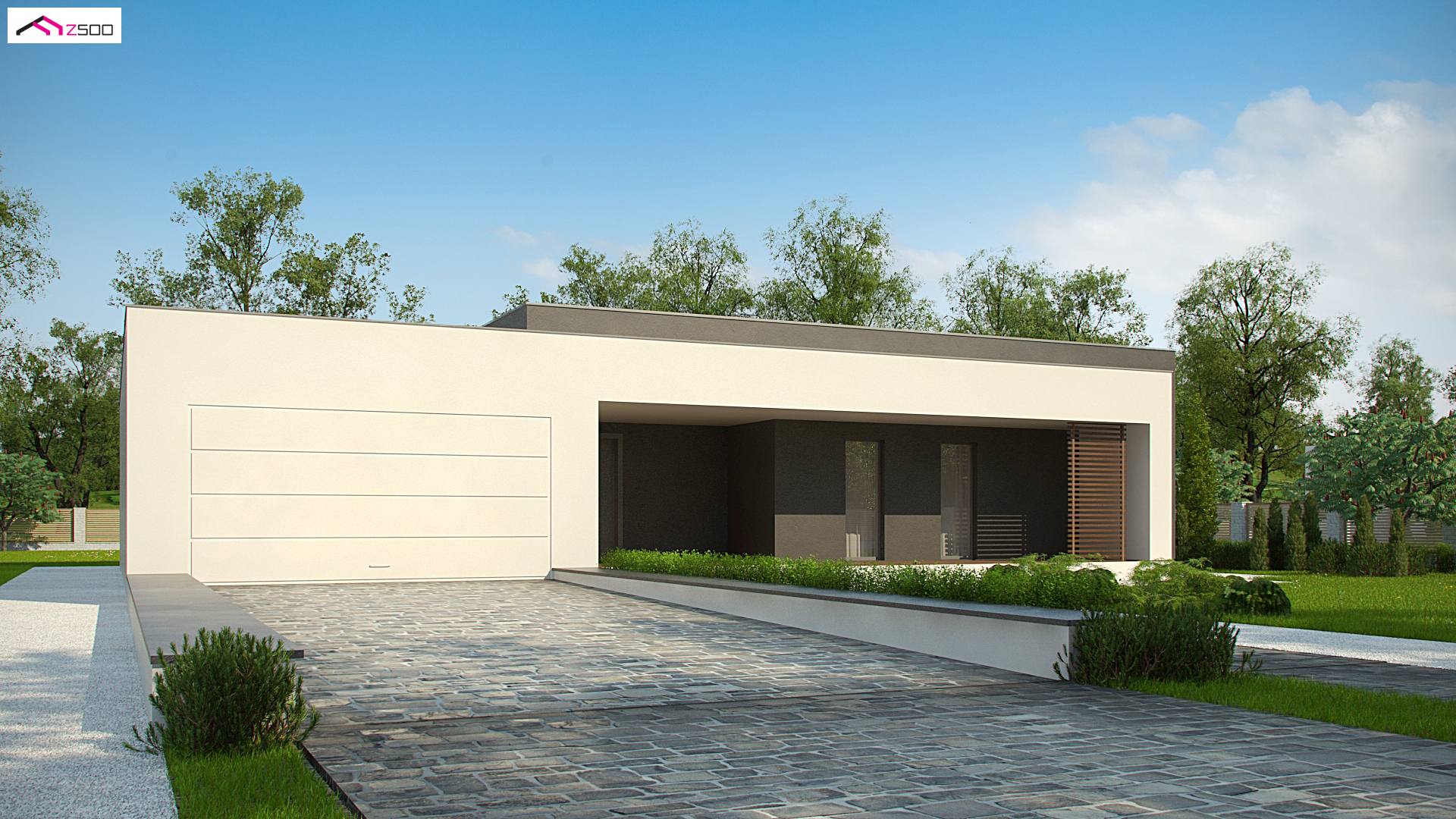Home project - Nowoczesna parterówka z 4 sypialniami, garażem 2-stanowiskowym i dużymi oknami.